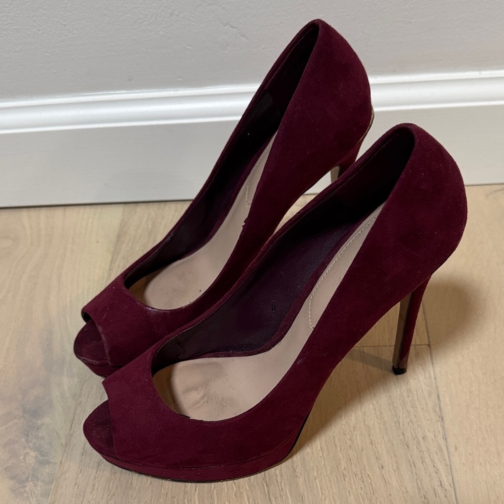 Aldo Deep Red Suede Peep-Toe Heels